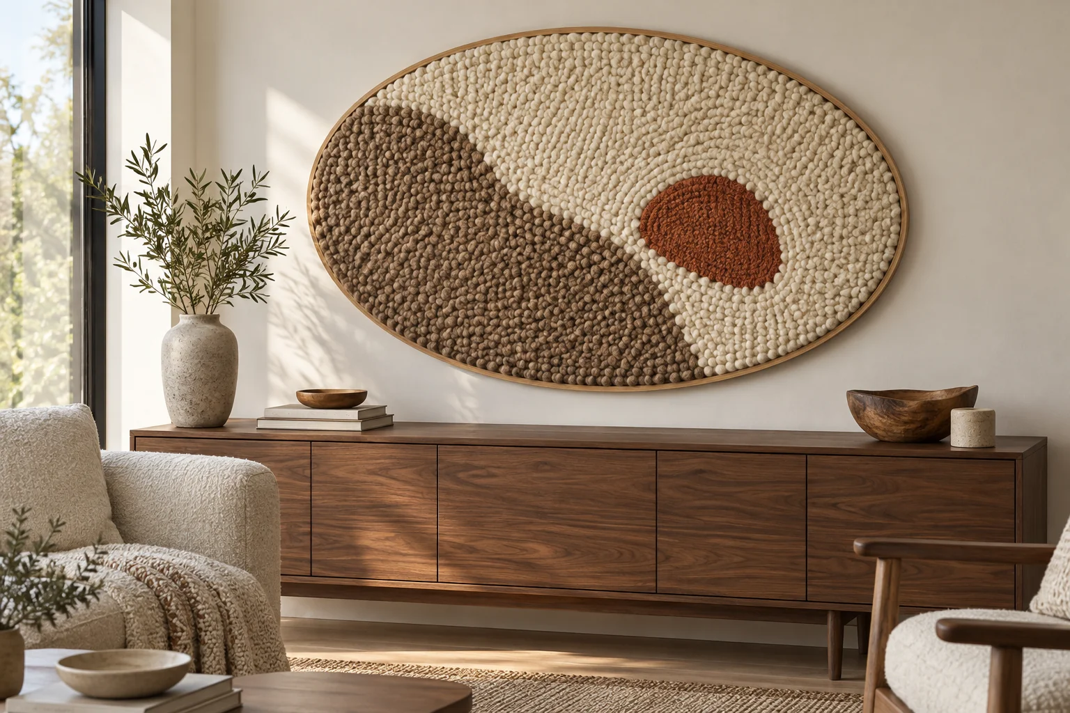 Tableau ovale en punch needle crème et brun avec une seule forme terracotta, au-dessus d’un meuble en noyer