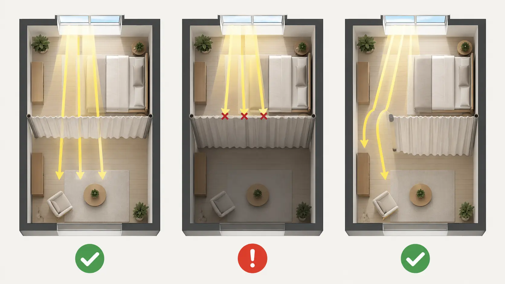 Plans simplifiés comparant trois positions de séparation textile face à une fenêtre