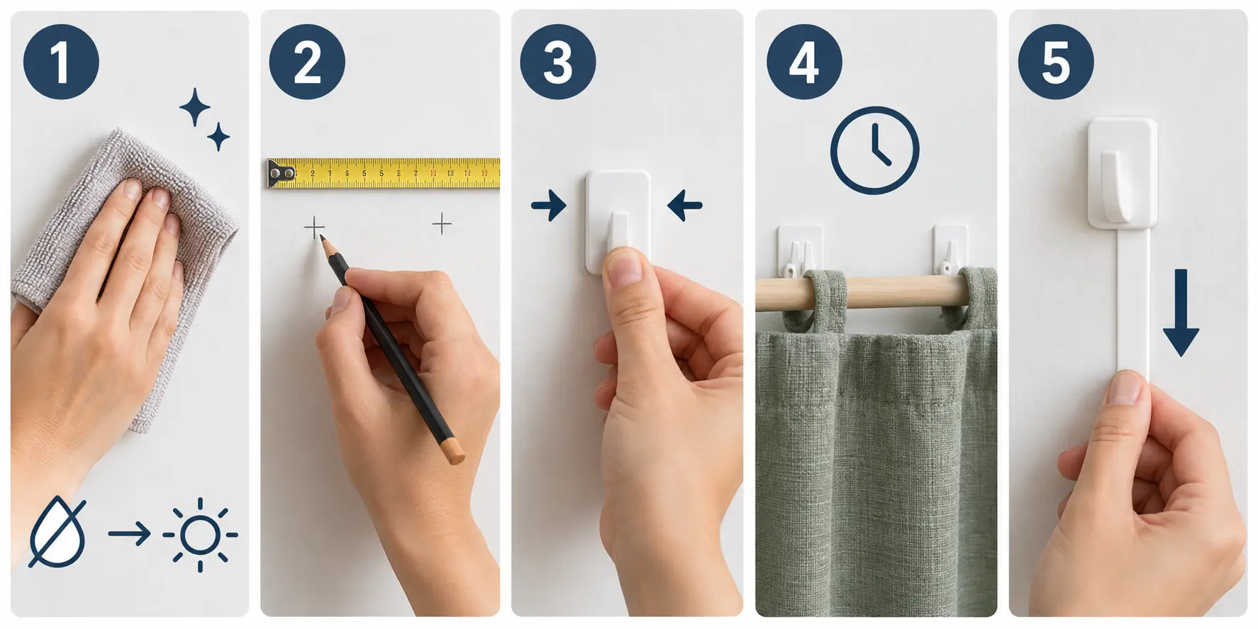 Étapes de pose et de retrait de crochets adhésifs portant une tringle de tenture