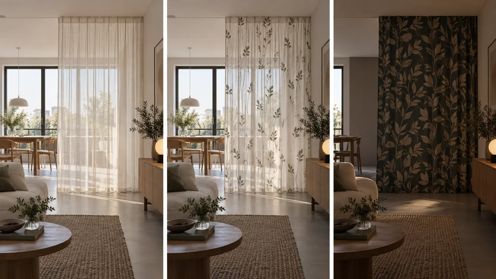 Même pièce séparée par trois textiles de densité et de contraste différents